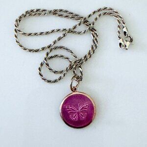 Lola Beautiful Life Vintage Pink Enamel Butterfly Sterling 19mm Pendant w/Chain